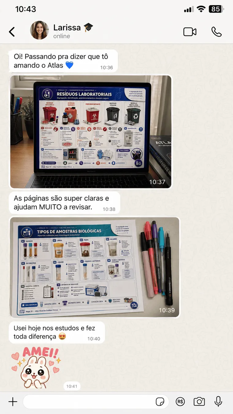 Depoimento em print de conversa de um estudante sobre o Atlas Visual de Análises Clínicas